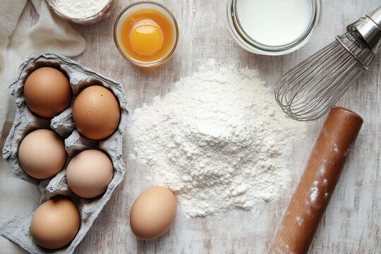 Fresh eggs, flour, milk, and an egg yolk in a glass bowl arranged on a rustic wooden table with a whisk and rolling pin ready for baking - Powered by Adobe