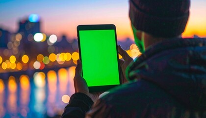 Close-up view of a person holding a computer tablet with a green screen, cinematic shot with bokeh background, highlighting modern technology, digital interface, and interactive device usage