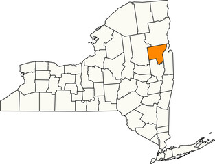 Detailed vector map of New York, USA, highlighting Warren County with Lake George for tourism reports.


