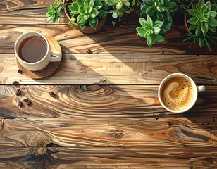 Rustic wooden table adorned with coffee and succulents