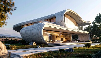 Ultra-modern home featuring linear and swooping curves, sleek futuristic design, and panoramic windows; cinematic perspective with bokeh background, highlighting luxury, elegance, and architectural