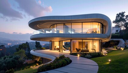 Ultra-modern home featuring linear and swooping curves, sleek futuristic design, and panoramic windows; cinematic perspective with bokeh background, highlighting luxury, elegance, and architectural
