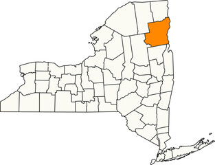 Detailed vector map of New York, USA, highlighting Essex County, home to the Adirondack High Peaks.

