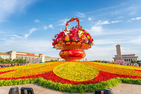 Giant flower basket at Beijing Tiananmen Square for national day celebration