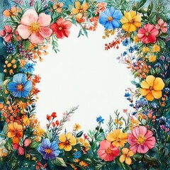 Obraz premium Colorful floral wreath border with various vibrant flowers and green leaves surrounding a white central space, evoking freshness and natural beauty