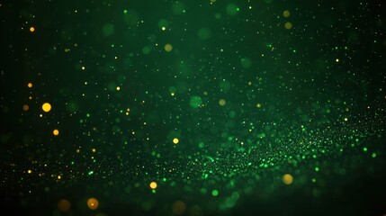 Abstract view of glowing green and yellow particles floating and scattered on a dark background, creating a sparkling and dreamy atmosphere