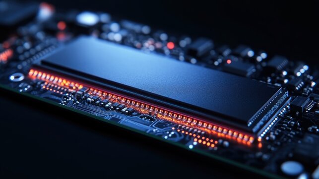 Close-up view of a computer circuit board with illuminated red lights and a large rectangular chip in a dark environment