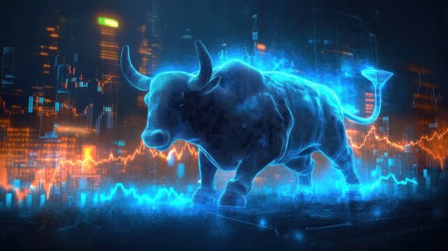 Glowing blue digital bull figure standing against a futuristic cityscape with orange and blue fluctuating financial graphs illustrating market momentum