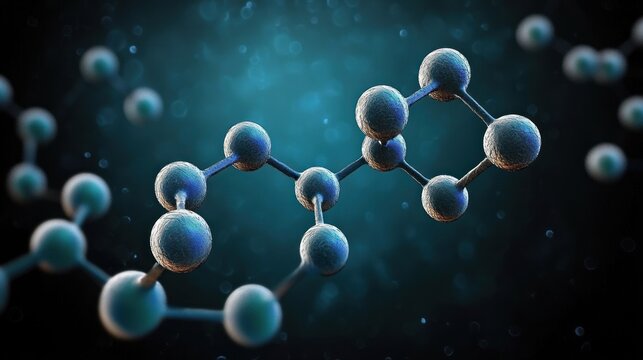 Close-up 3D visualization of a molecular structure with interconnected spherical atoms against a dark blue scientific background, conveying complexity and precision