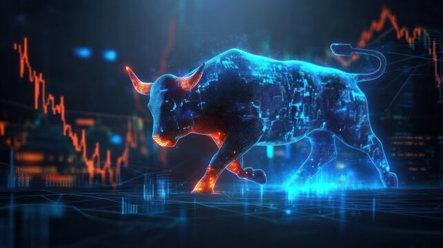 Glowing digital bull symbolizing financial market strength with dynamic futuristic data visualization and abstract charts in cyber blue and orange hues - Powered by Adobe
