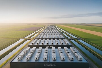 Aerial view of a vast data center campus with rows of server containers and surrounding agricultural fields at sunrise