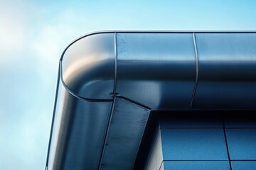 Close-up view of a modern building corner with sleek metallic cladding and a smooth curved edge under a bright sky
