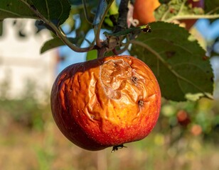 Ripe apple showing signs of decay on a tree