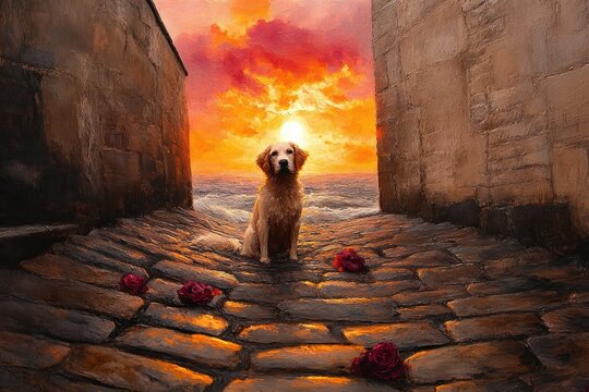 Golden retriever sitting on a cobblestone alley between two walls at sunset with scattered red roses and a glowing orange sky - Powered by Adobe