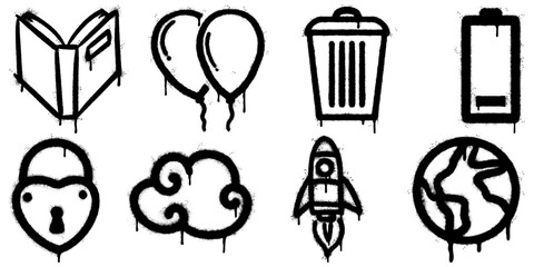 Collection of black and white graffiti spray icons with dripping paint effect, including book, balloons, trash bin, battery, monkey face, cloud, rocket, and earth. © Doa Bunda