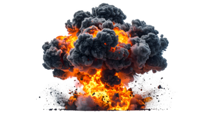 Thick explosion cloud with black and orange fire particles, isolated on transparent background