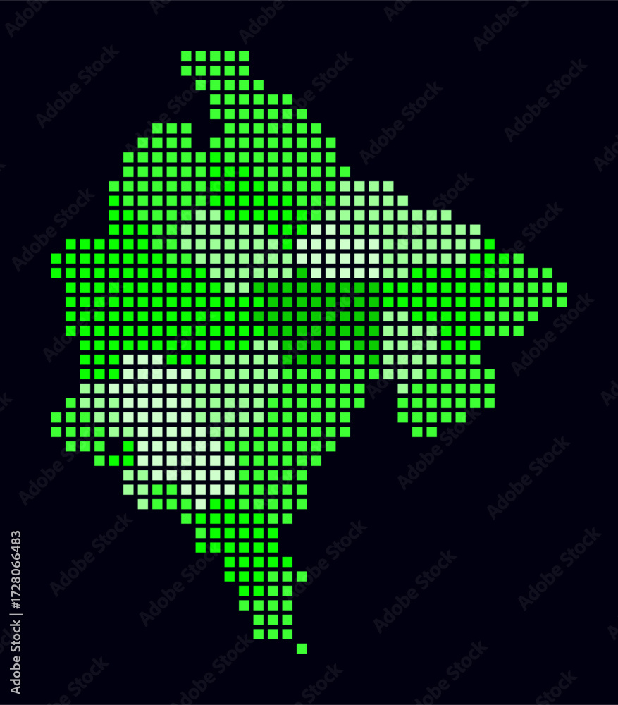 Poster Montenegro dotted map. Digital style map of the country on dark background. Montenegro shape with square dots. Colored dots style. Large size squares. Classy vector illustration.