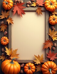 Vertical Rustic Autumn Background with Pumpkins and Frame border background  spooky illustration decoration