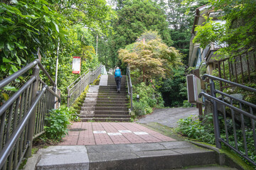 Person walking up outdoor stairs surrounded by greenery in urban park at Oyama mountain, Isehara, Kanagawa, Japan