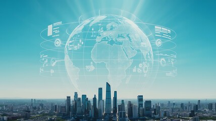 A visualization of global connections and data transmission over modern urban architecture showcasing technological advancements.