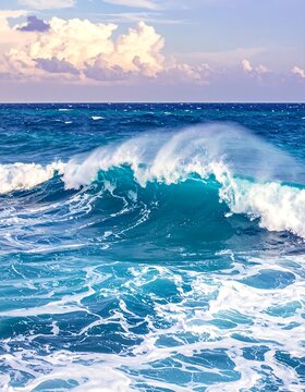 A powerful ocean wave crests, turquoise water explodes into white foam under a partly cloudy sky