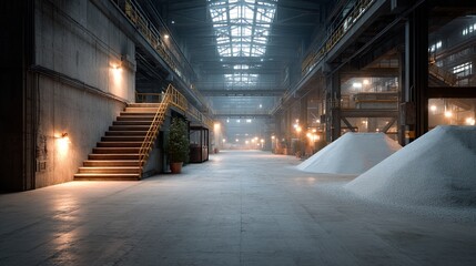 Fototapeta premium Cinematic Recycling Factory Interior with Industrial Machines and HDR Lighting Concrete Walls Metal Structures Stairs and Piles of White Material