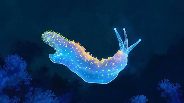 A vibrant, bioluminescent nudibranch sea slug floats gracefully in the deep blue ocean