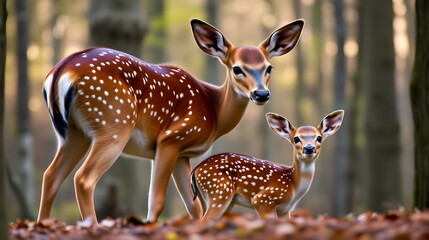 Mother and baby deer - fawn and doe - together in the forest