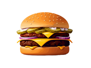 Illustration of a double cheeseburger with beef patties, cheese, pickles, red onion, and a sesame seed bun on a white background.