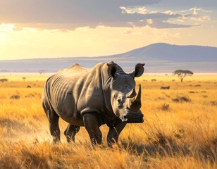 Majestic white rhino in golden savanna landscape