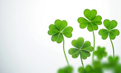 Close-up of fresh green shamrock leaves with water droplets on a bright blurred background, symbolizing luck and nature's freshness