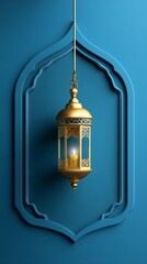 Obraz premium Golden lantern illuminating blue Islamic background