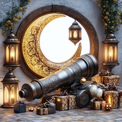 ornate vintage telescope surrounded by wrapped gifts and glowing lanterns, with a large golden crescent moon decoration illuminating the background, creating a warm and festive atmosphere