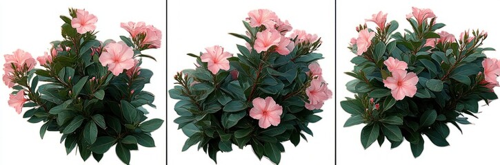 Three views of a lush green plant with large pink hibiscus flowers and glossy leaves on a white background
