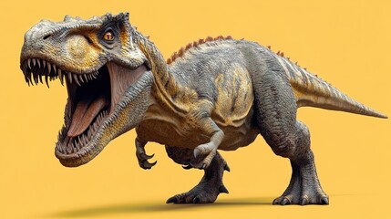 Detailed close-up of a fierce and realistic dinosaur with an open mouth showing sharp teeth against a solid yellow background
