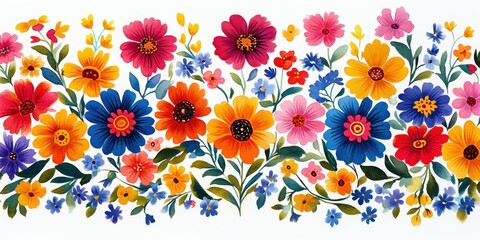Colorful vibrant floral pattern with red, orange, yellow, blue, pink, and purple flowers and green leaves on white background