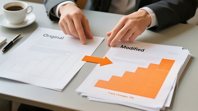 Document Comparison: Business Professional Reviewing Original vs Modified Reports with Track Changes