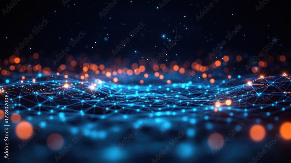 Wall mural abstract futuristic digital network with glowing blue grid lines and scattered orange bokeh lights c