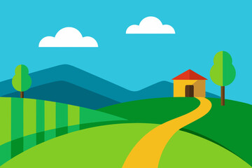 Flat design landscape with rolling green hills a path and a small house