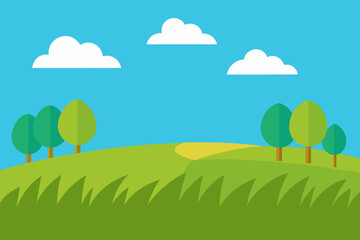 Fototapeta premium Bright cartoon landscape with green rolling hills and fluffy white clouds