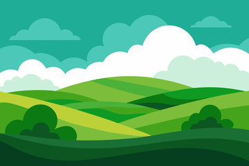 Obraz premium Stylized green rolling hills and fluffy clouds in a flat design landscape