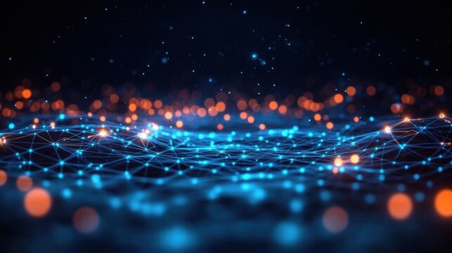 Abstract futuristic digital network with glowing blue grid lines and scattered orange bokeh lights creating a sense of connectivity and depth