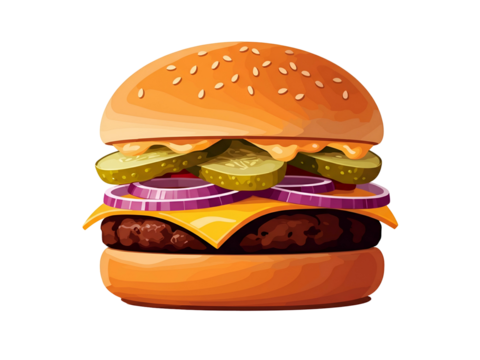 Illustration of a delicious burger with a beef patty, cheese, red onion, and pickles, stacked between sesame seed buns.