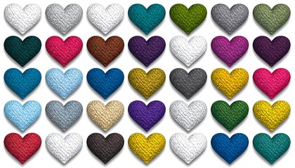 Colorful heart-shaped swatches on white background