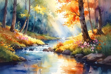 水彩で描かれた秋の森と小川