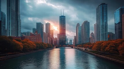 Sunset behind tall modern skyscrapers reflecting on calm river with autumn trees lining both sides under dramatic cloudy sky