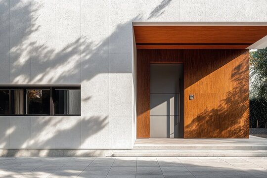 Modern house entrance with clean white walls, wood-paneled doorway, closed gray door, rectangular windows, and shadows of tree branches on facade