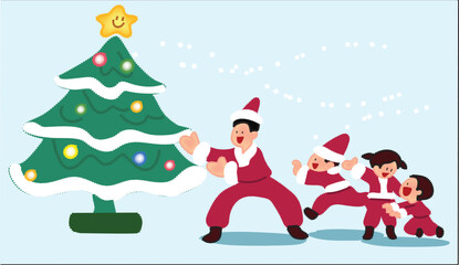 Cartoon vector pixel family with Christmas tree