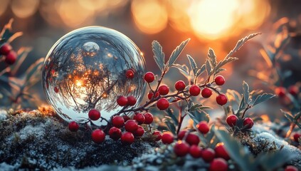 Crystal ball reflecting sunset over frosted forest