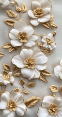 Delicate, sculpted white flowers with gold accents on a light beige fabric